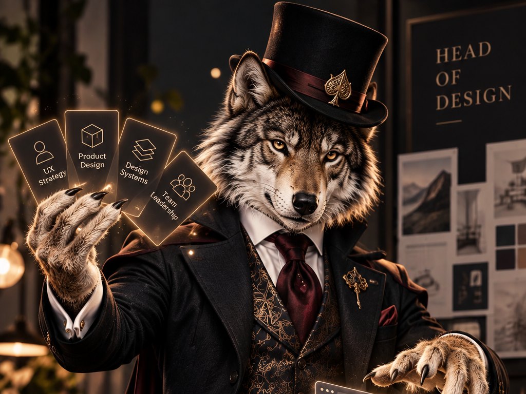 A wolf magician in a top hat fanning cards labelled UX Strategy, Product Design, Design Systems and Team Leadership