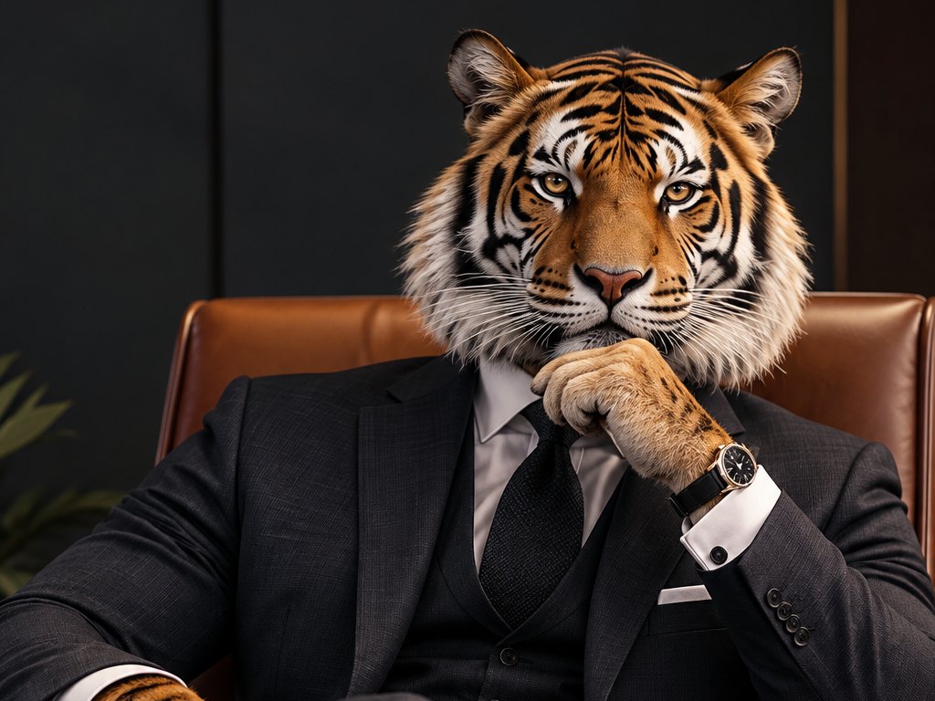 A tiger in a charcoal three-piece suit, seated in a leather chair
